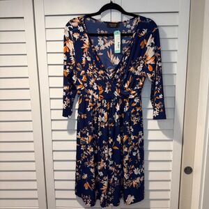 Renee C Lior Maternity Cross Front A-Line Dress Navy Orange Floral XL NWT